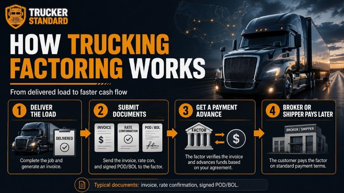 Four-step diagram showing how trucking factoring works