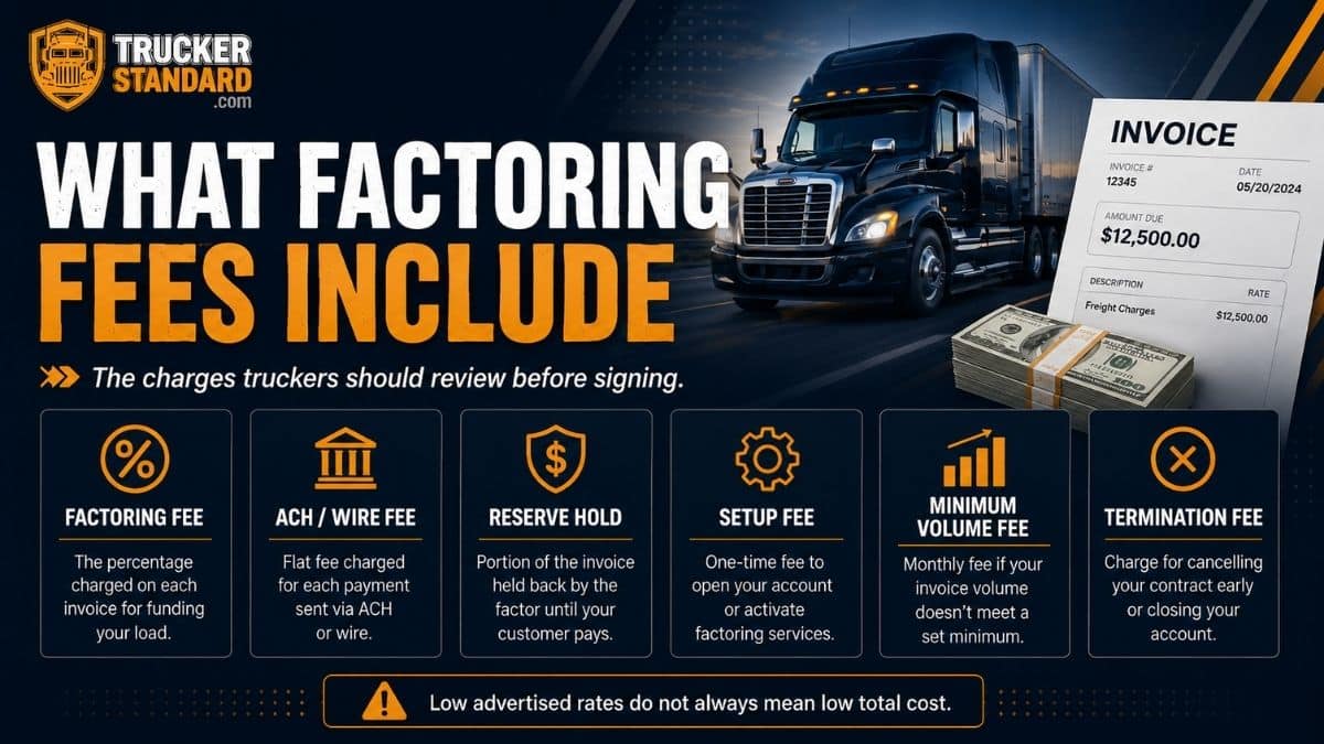 Breakdown of common trucking factoring fees including ACH, reserve, setup, minimum volume, and termination fees