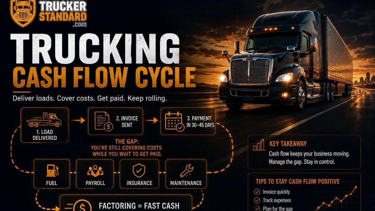 Trucking cash flow cycle showing load delivery, invoicing, delayed payments, operating expenses, and freight factoring