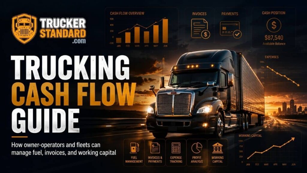 Trucking cash flow guide showing a semi-truck, invoices, payments, expenses, and working capital management.