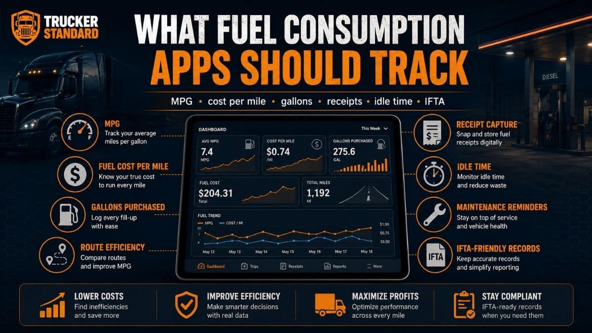 What fuel consumption apps for truckers should track including MPG, idle time, receipts, and IFTA records